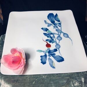 Elegant White Square Arita Plate with Blue Floral Design.
